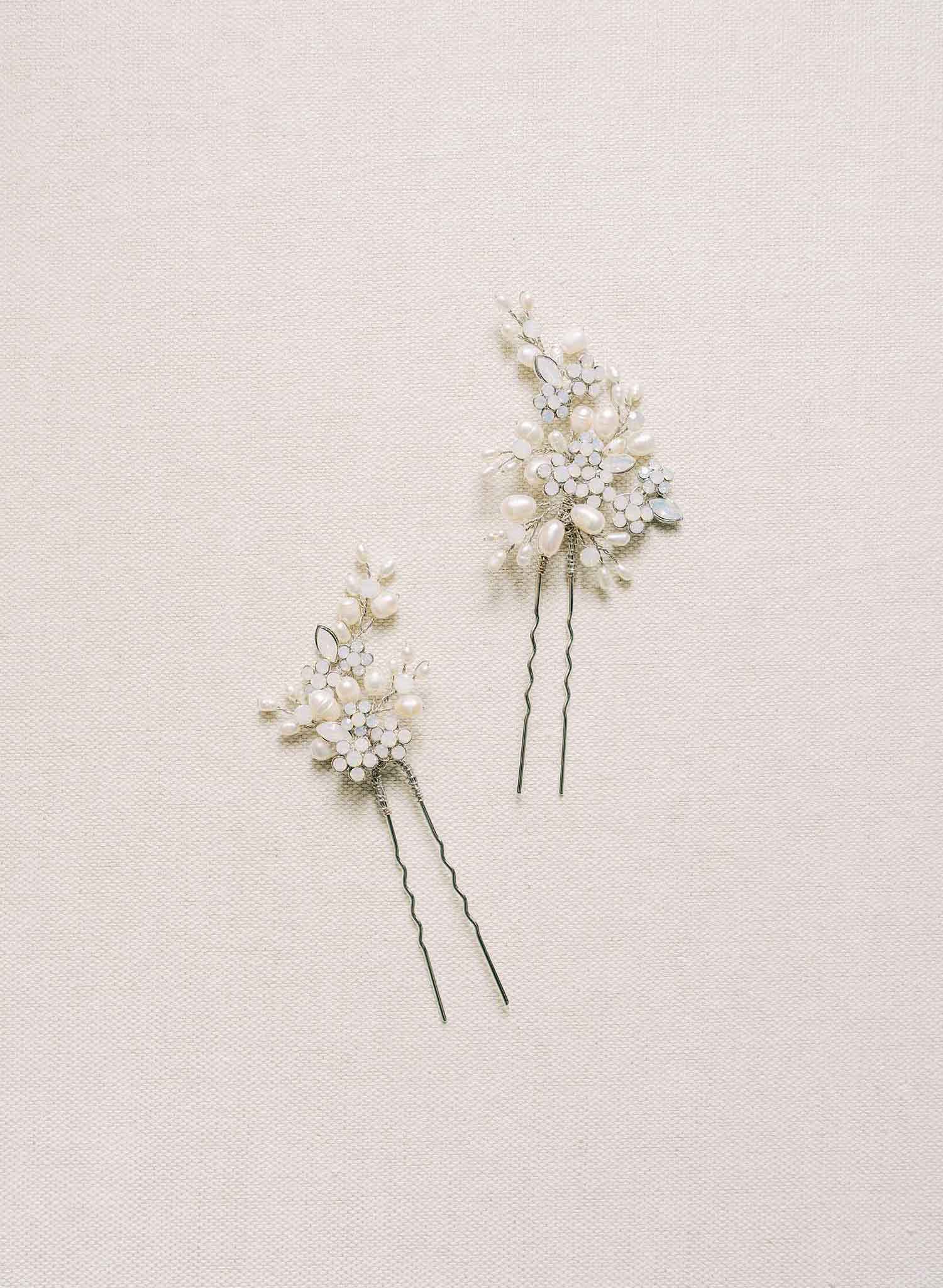 White Pearl and Crystal Hair Pins Mixed Set of 6 Single 