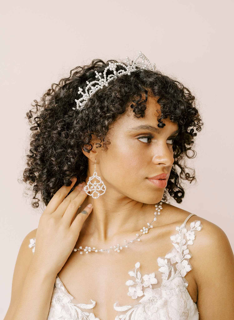 pearl filigree lace wired bridal earrings, twigs and honey