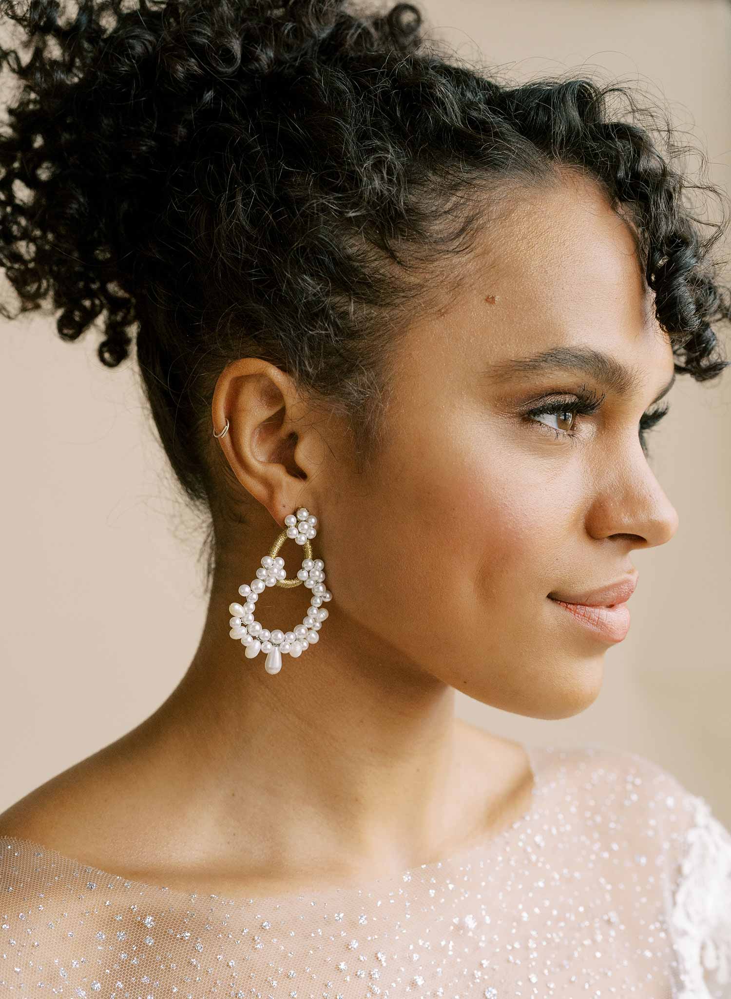 Gold thread wrapped pearl chandelier earrings - Style #2120