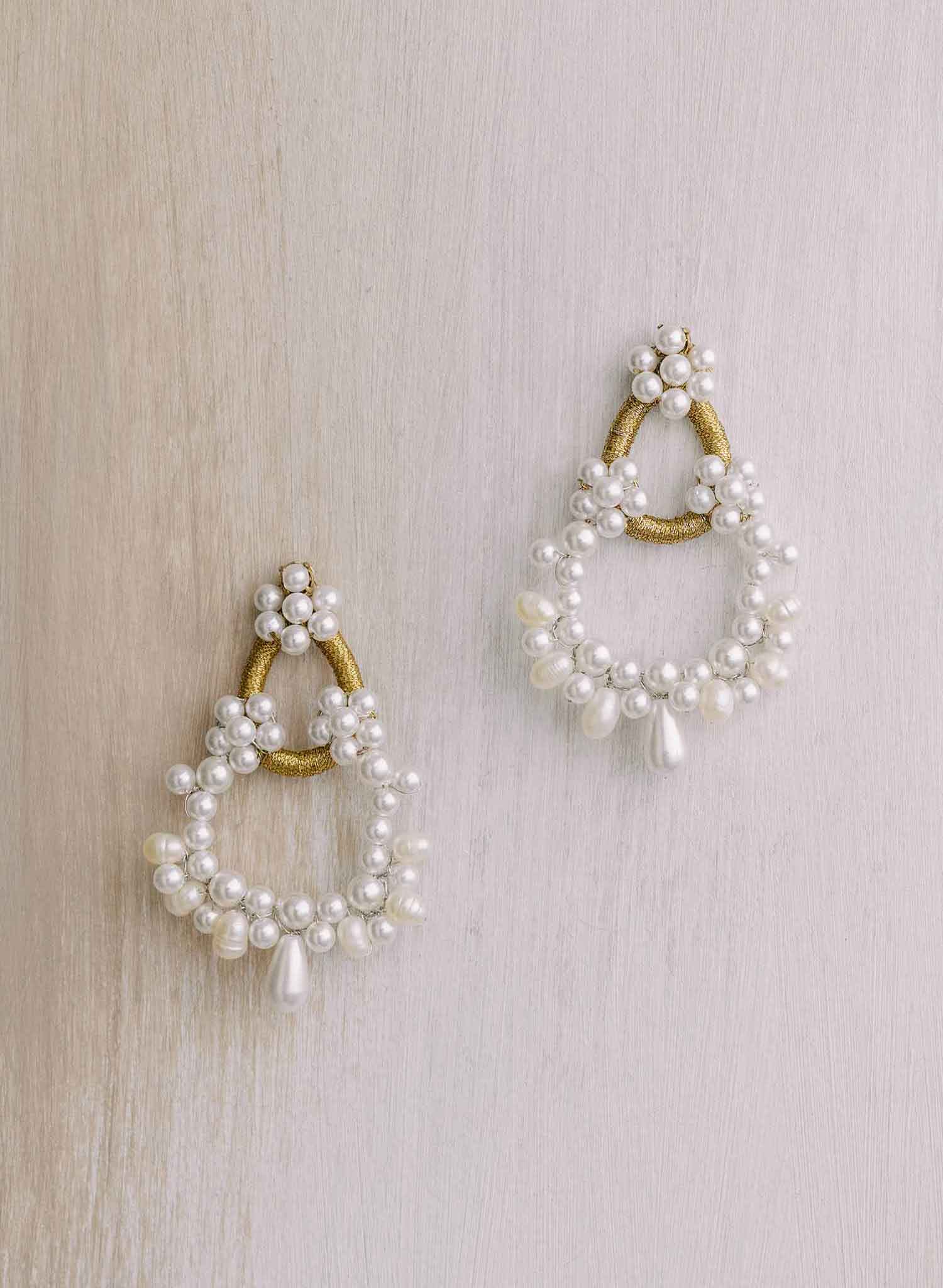 Gold thread wrapped pearl chandelier earrings - Style #2120