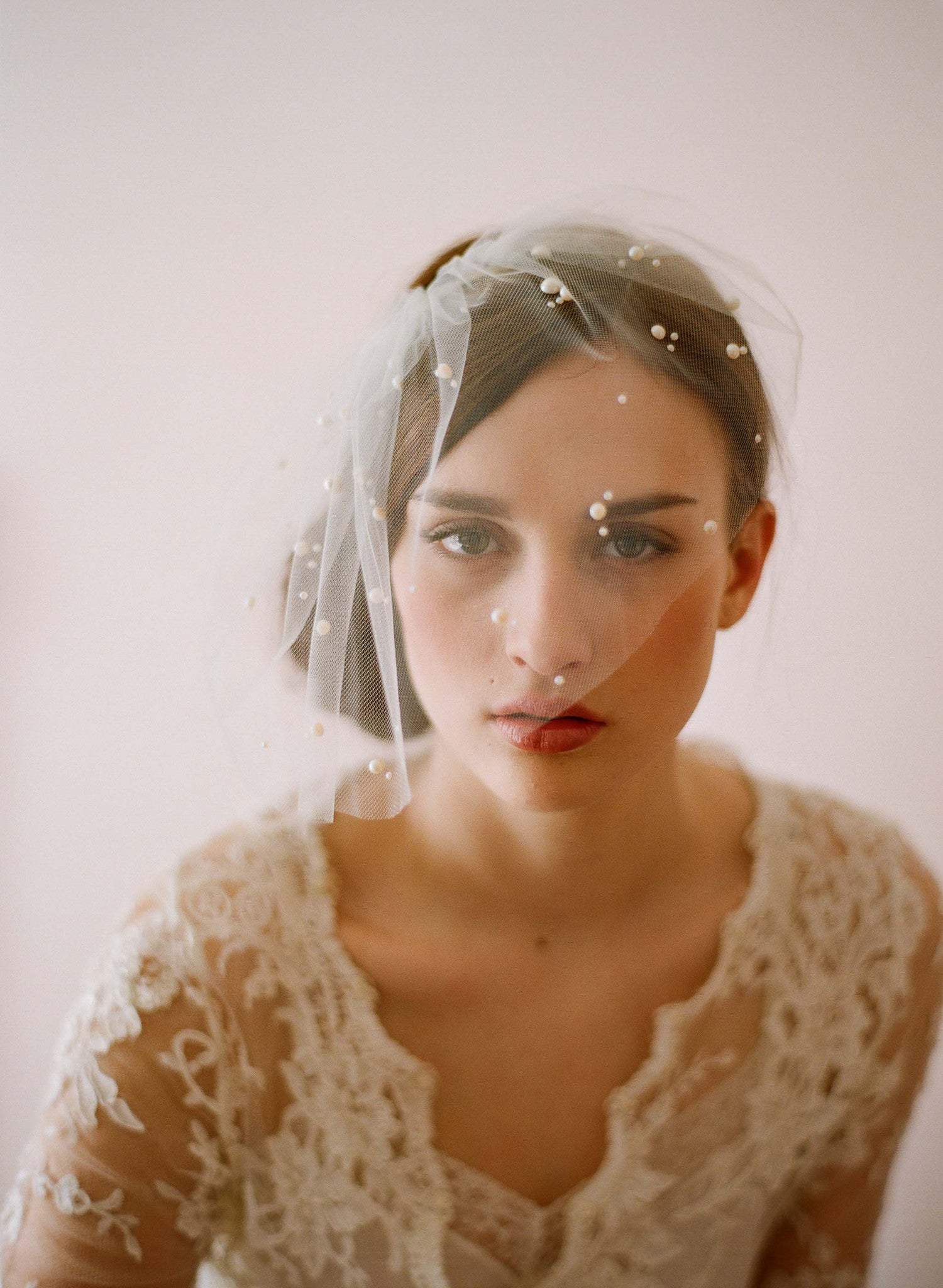Mini Tulle birdcage veil with crystal pearl accents - ready to ship