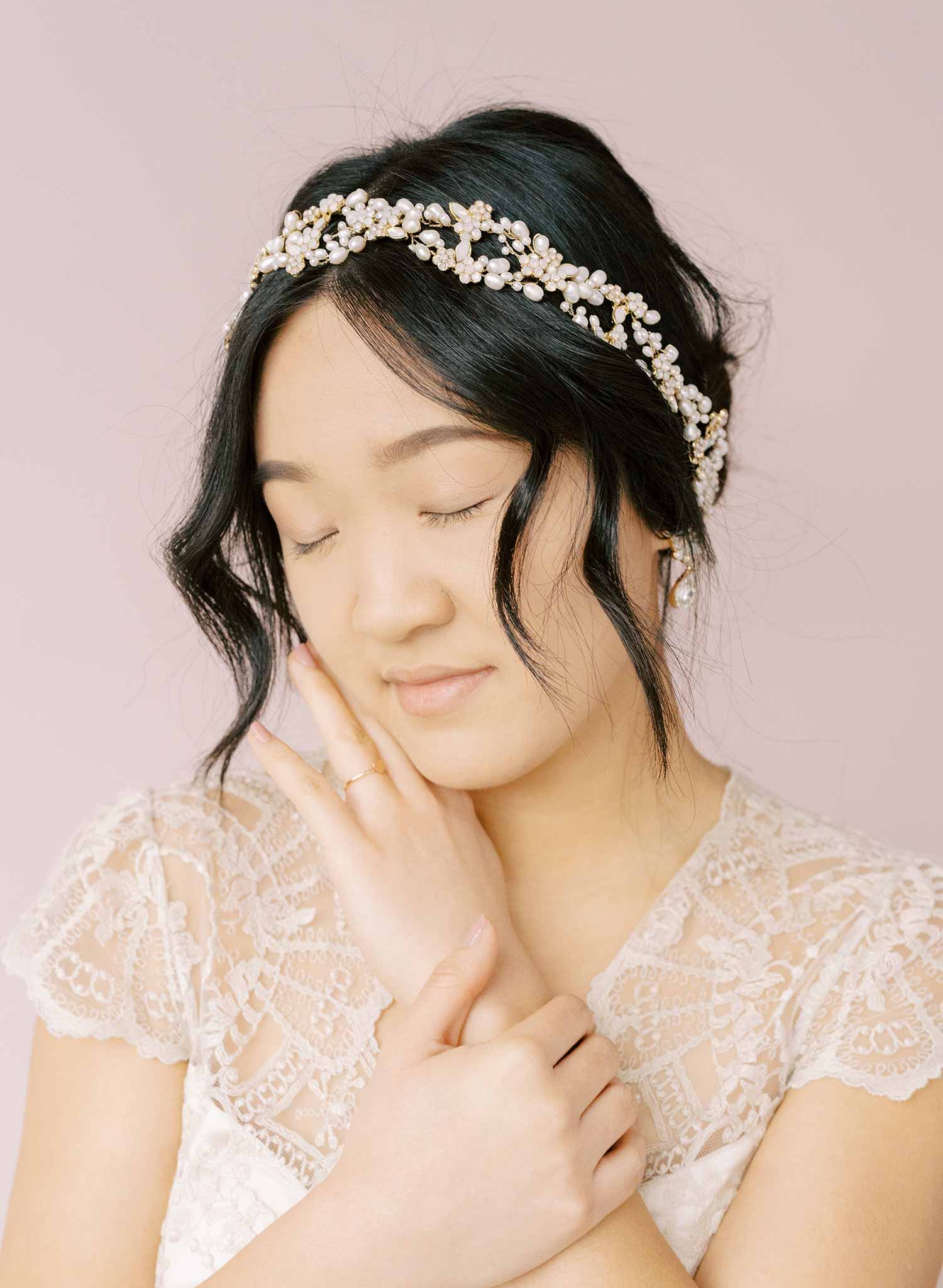 pearl and crystal infinity loop hair vine, sash bridal, by twigs and honey
