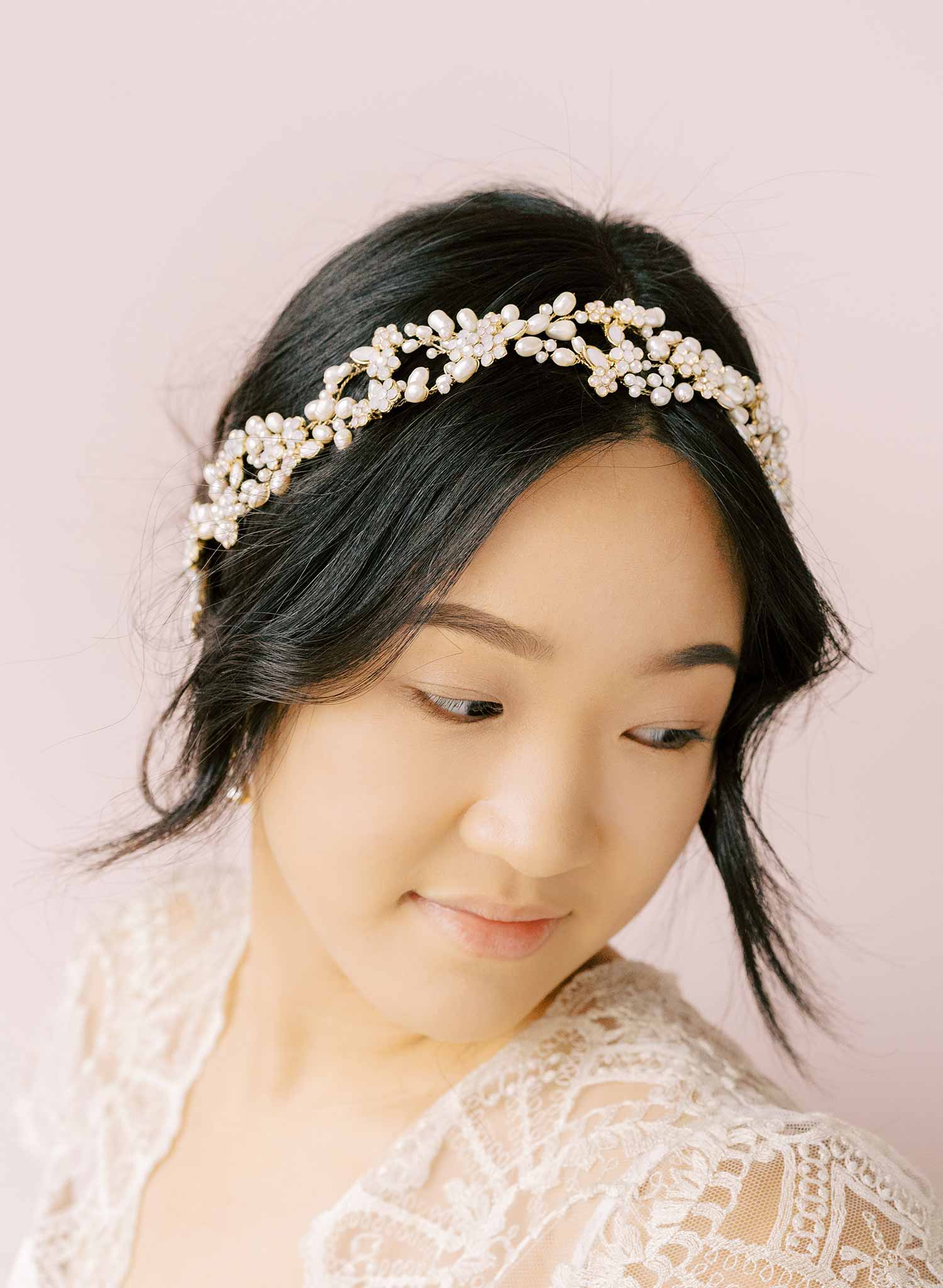 pearl and crystal infinity loop hair vine, sash bridal, by twigs and honey