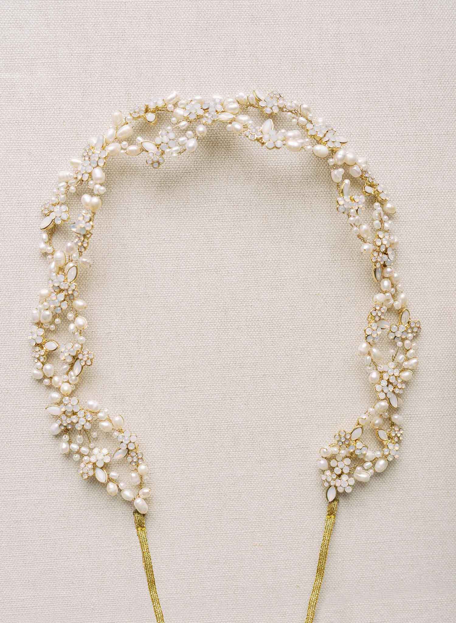pearl and crystal infinity loop hair vine, sash bridal, by twigs and honey
