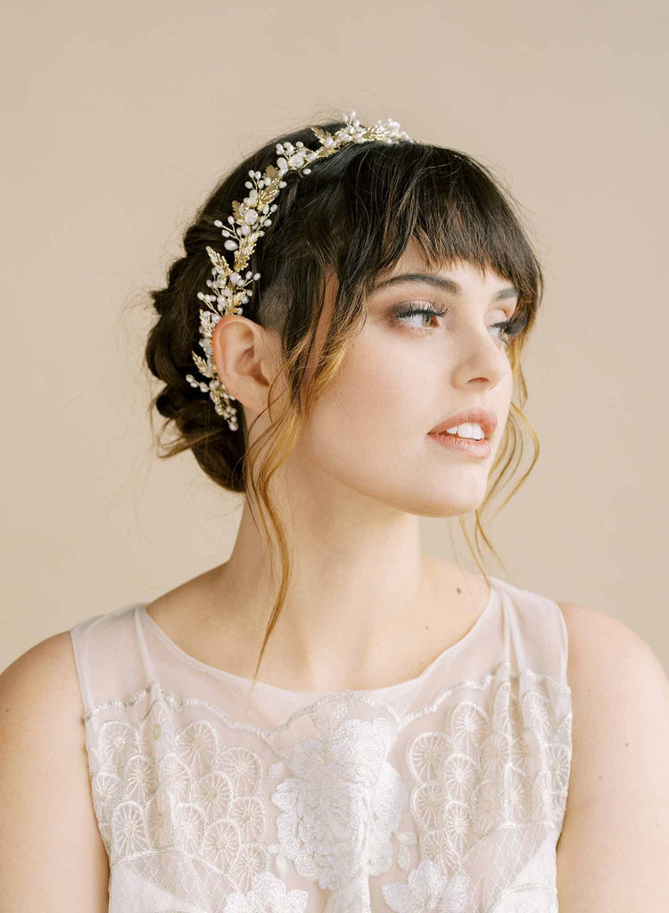 grecian inspired gold leaf and crystal pearl hair vine by twigs & honey