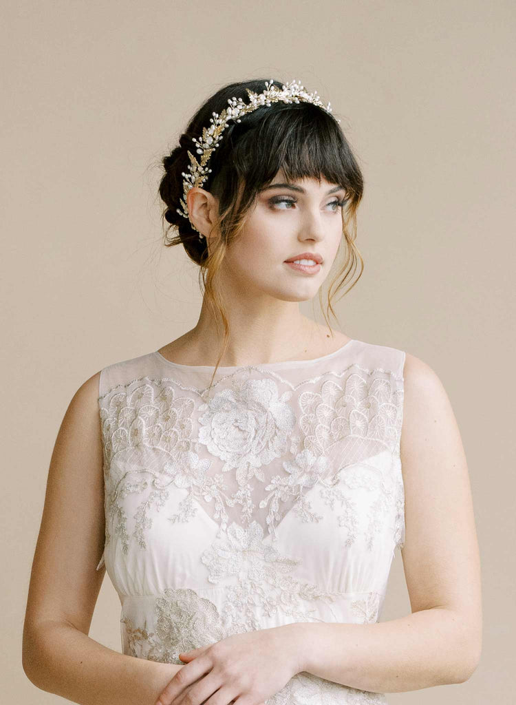 grecian inspired gold leaf and crystal pearl hair vine by twigs & honey