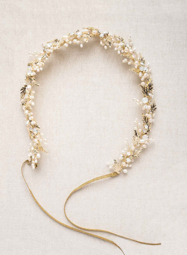 grecian inspired gold leaf and crystal pearl hair vine by twigs & honey