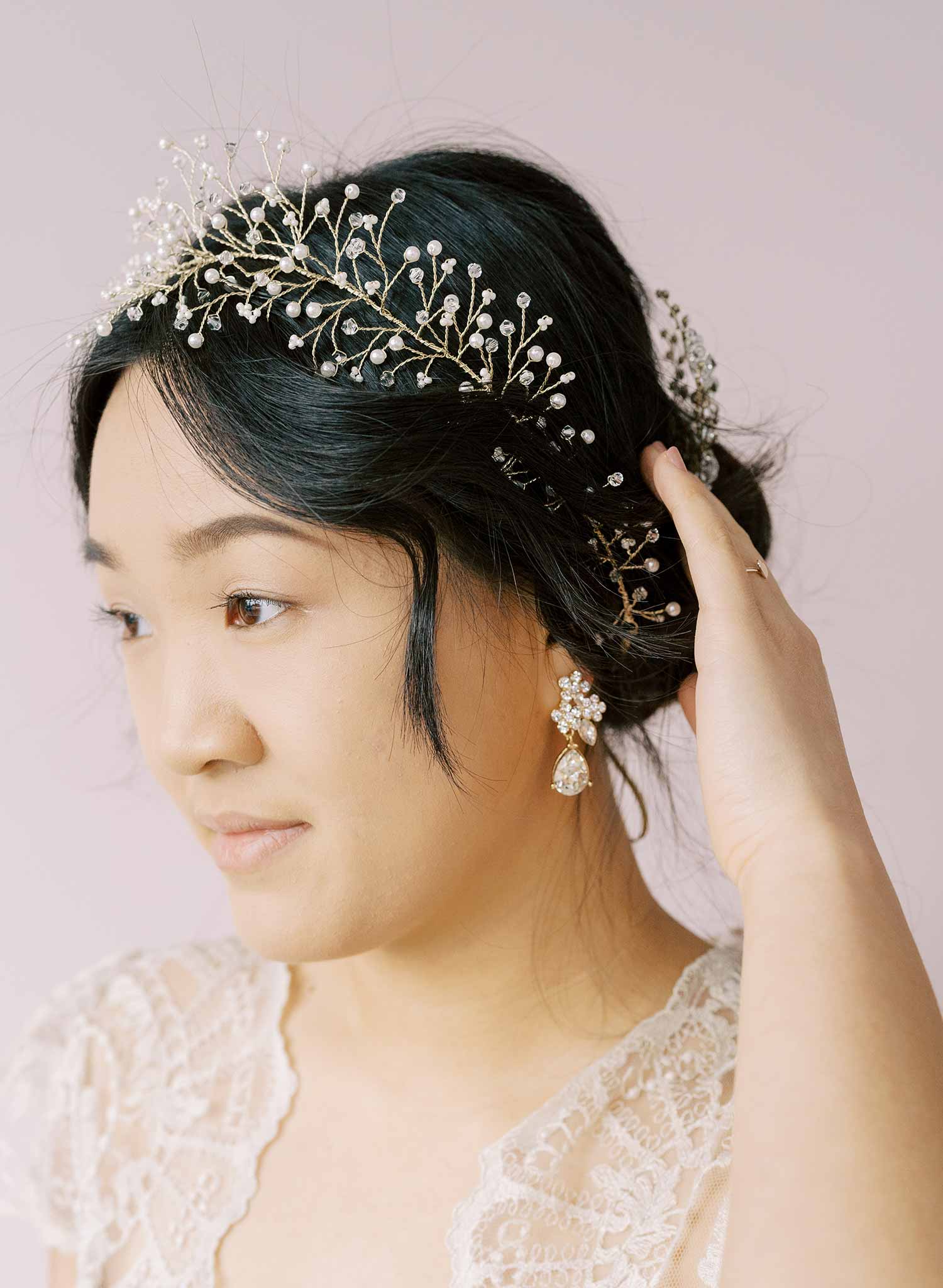 Twigs & Honey Pearl and Bead Bridal Hair Vine - Simple and Dainty Bead and Crystal Hair Vine - Style #901 Silver