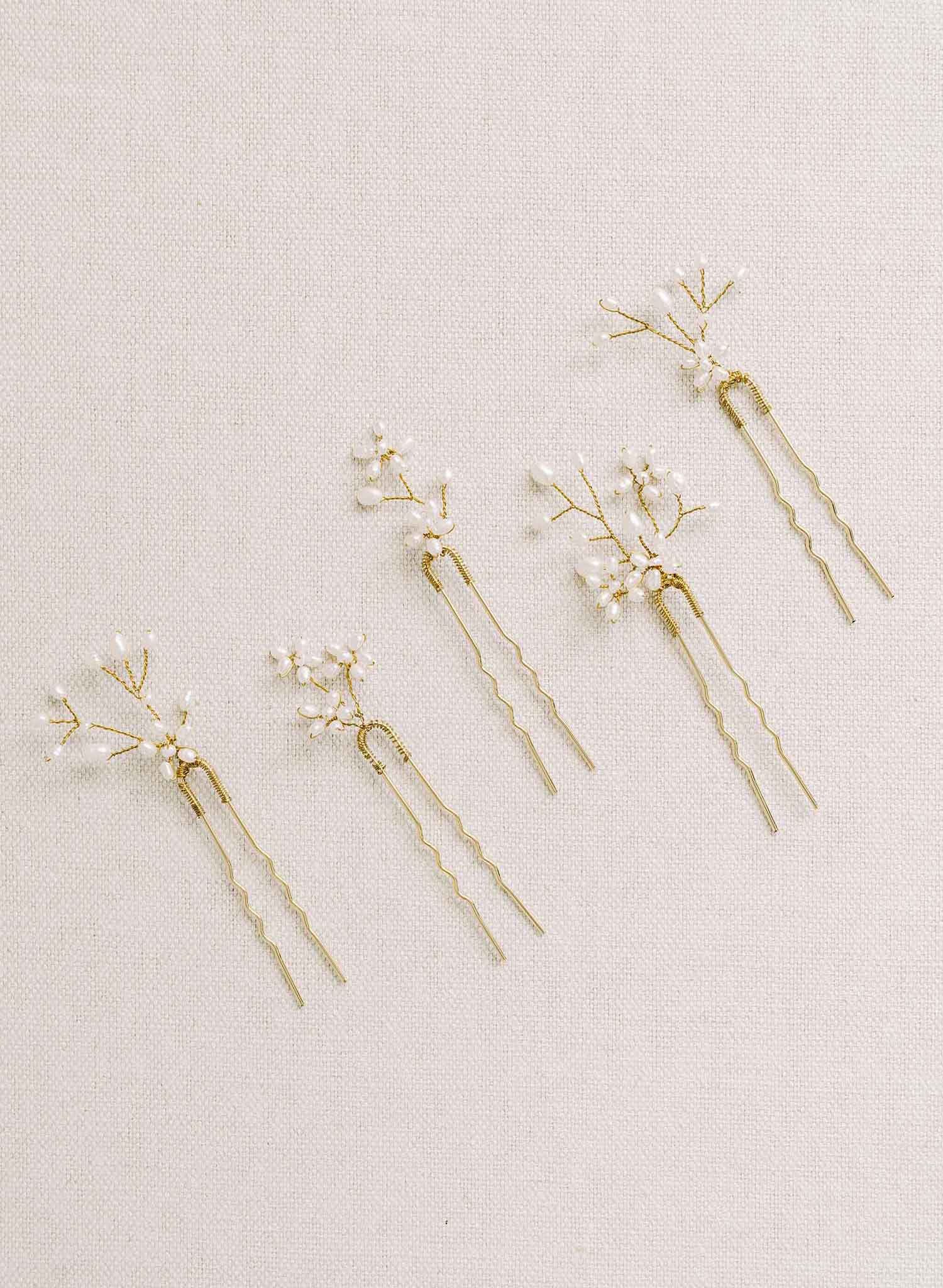 Twigs & Honey Pearl Hair Pin Set, Floral - Baby's Breath Freshwater Hair Pin Set of 5 - Style #2158