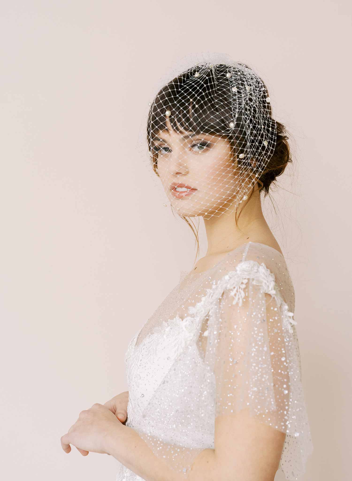 Twigs & Honey Bridal Birdcage Wedding Veil with Pearls - Pearl Adorned Birdcage Veil - Style #2165