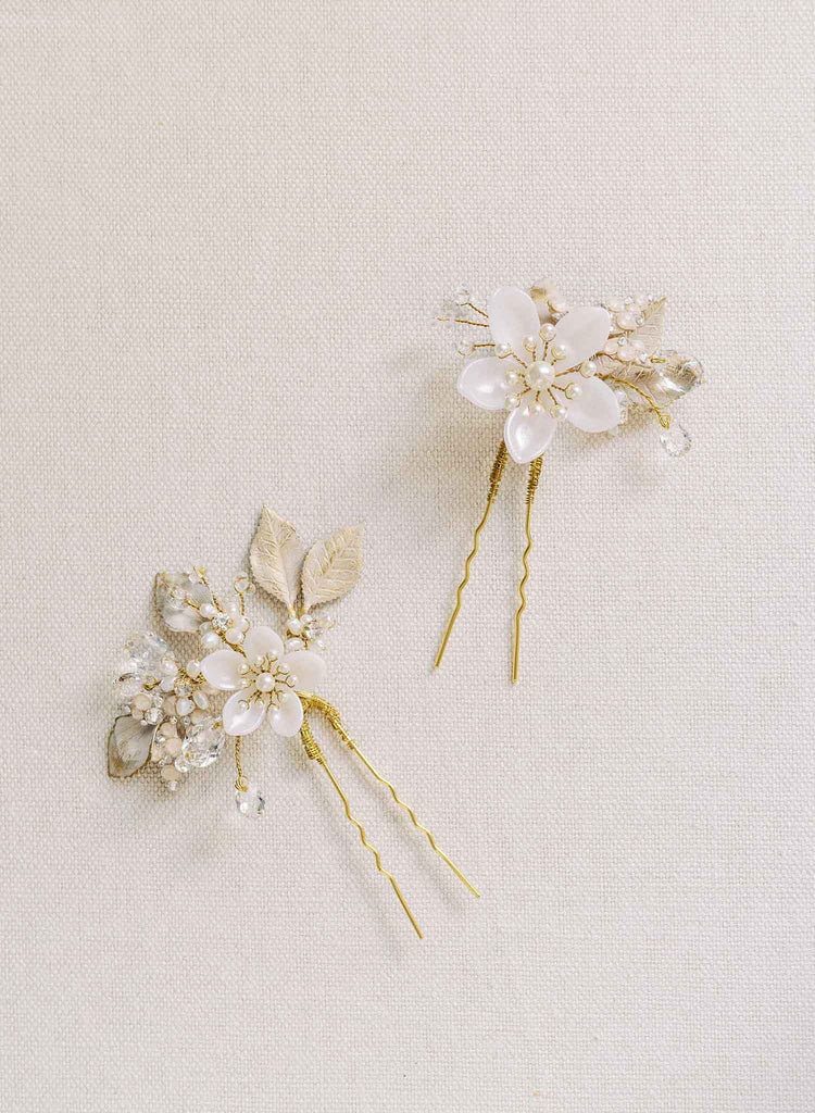 Twigs & Honey Bridal Handmade Flower Hair Pins - Hand Sculpted Simple Blossom Hair Pin Set of 5 - Style #2153