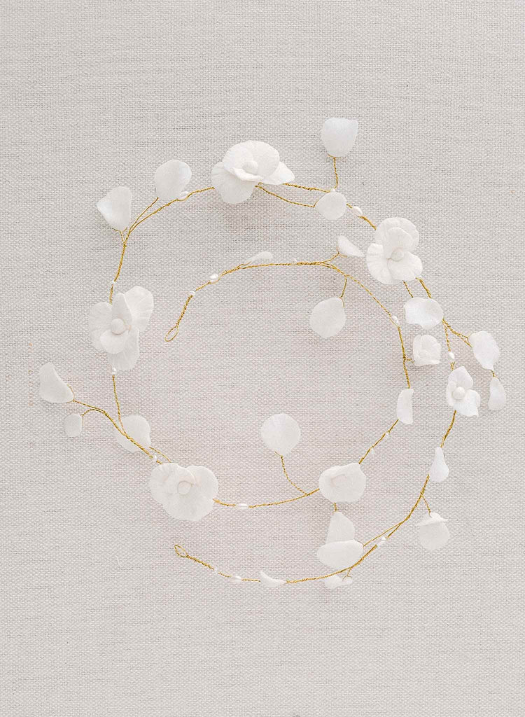 bridal flower and petal hair vine by twigs and honey