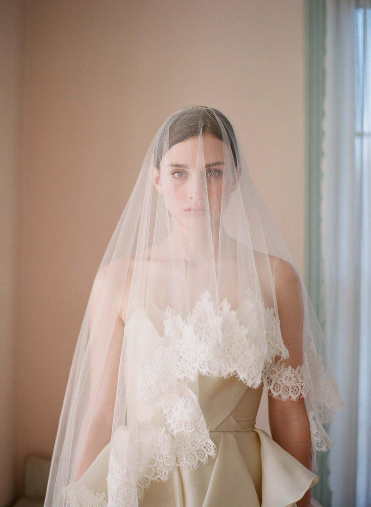 lace trim silk tulle veil, blusher, fingertip veil, wedding veil, bridal veil
