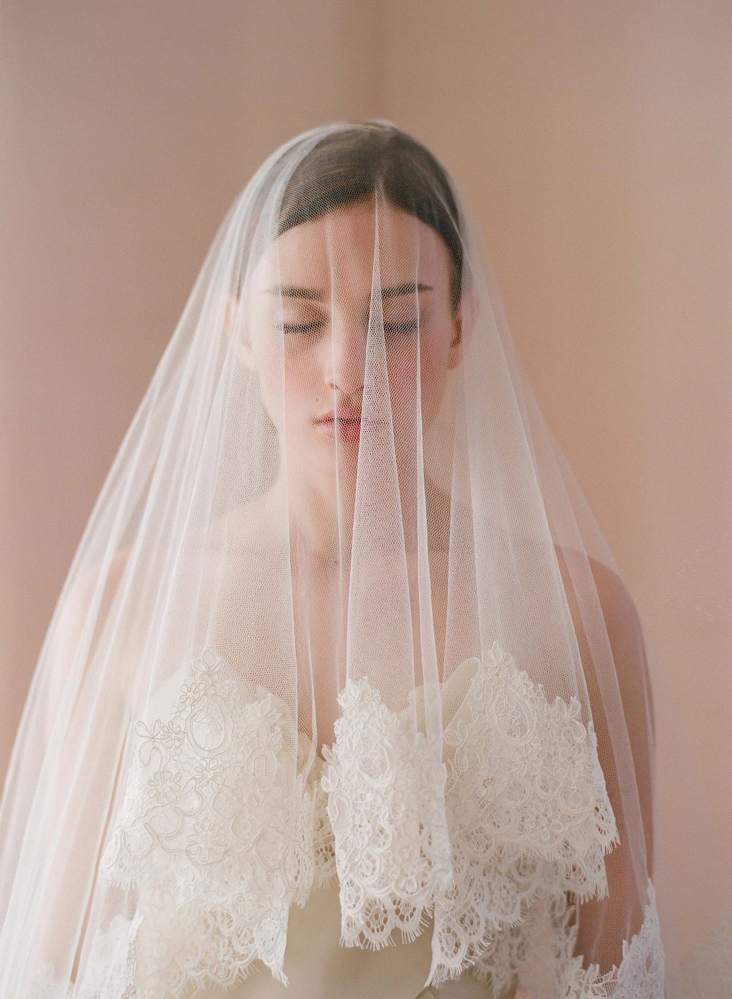 Alencon Lace Edge Cathedral Tulle Ivory Wedding Veil, Simple Long