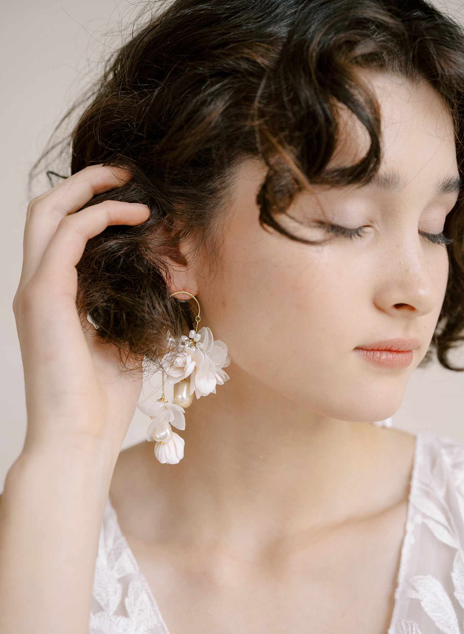 Cascading blossom, silk and pearl earring - Style #2305