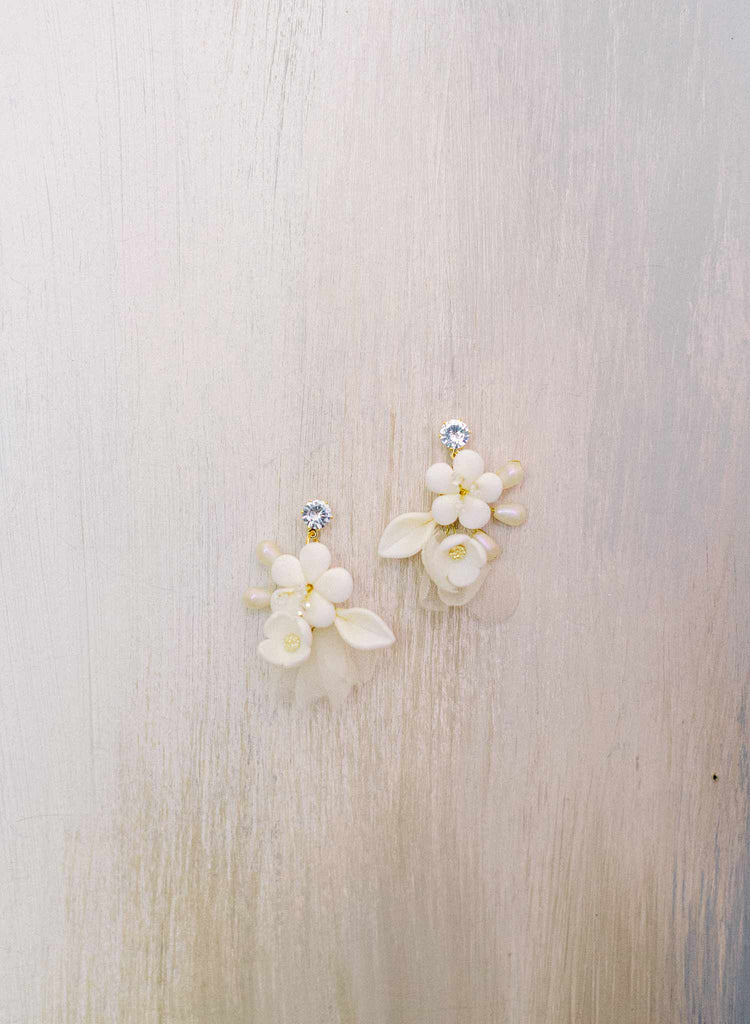 Silk and flower bridal earrings by twigs and honey