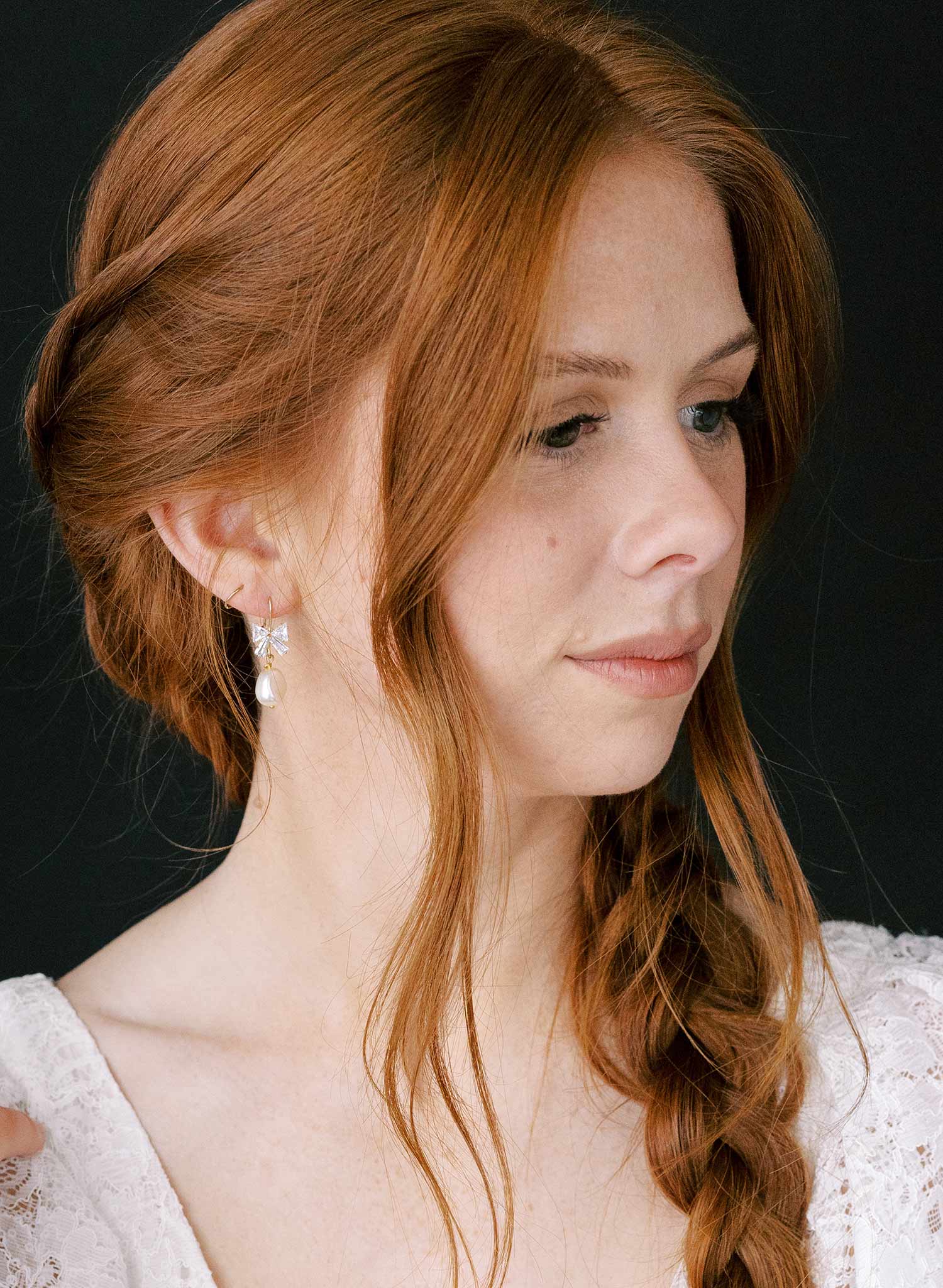 pearl and crystal bow bridal earrings by twigs and honey
