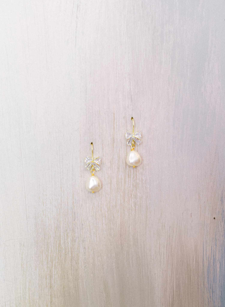 pearl and crystal bow bridal earrings by twigs and honey