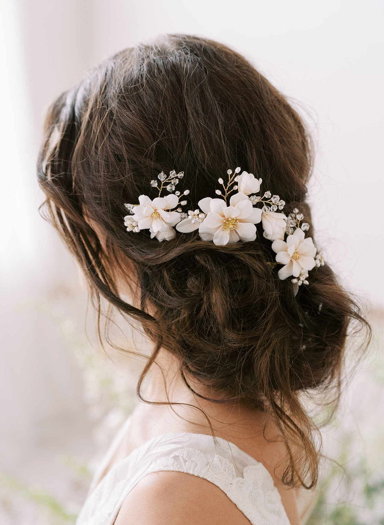 magnolia flower bridal hair pin set by twigs and honey