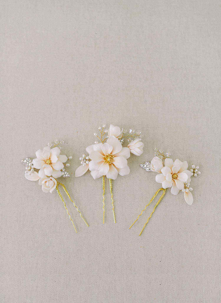 magnolia flower bridal hair pin set by twigs and honey