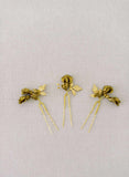 gold sweet pea flower hair pin set by twigs and honey
