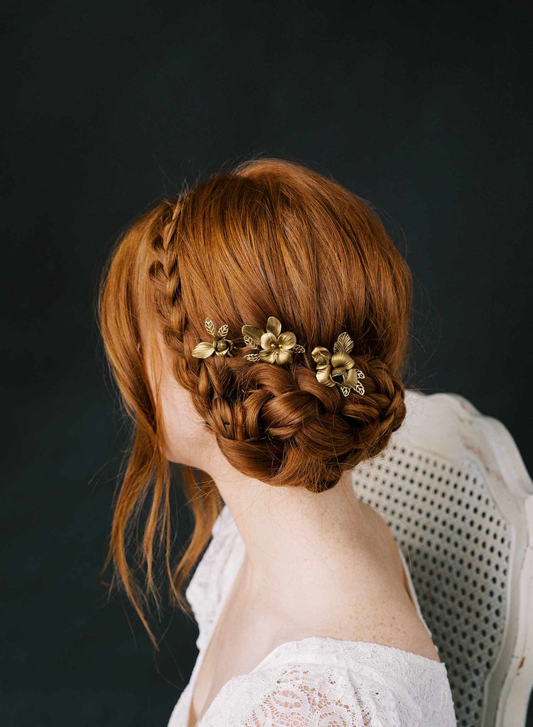 golden colored flower hair pin set by twigs and honey
