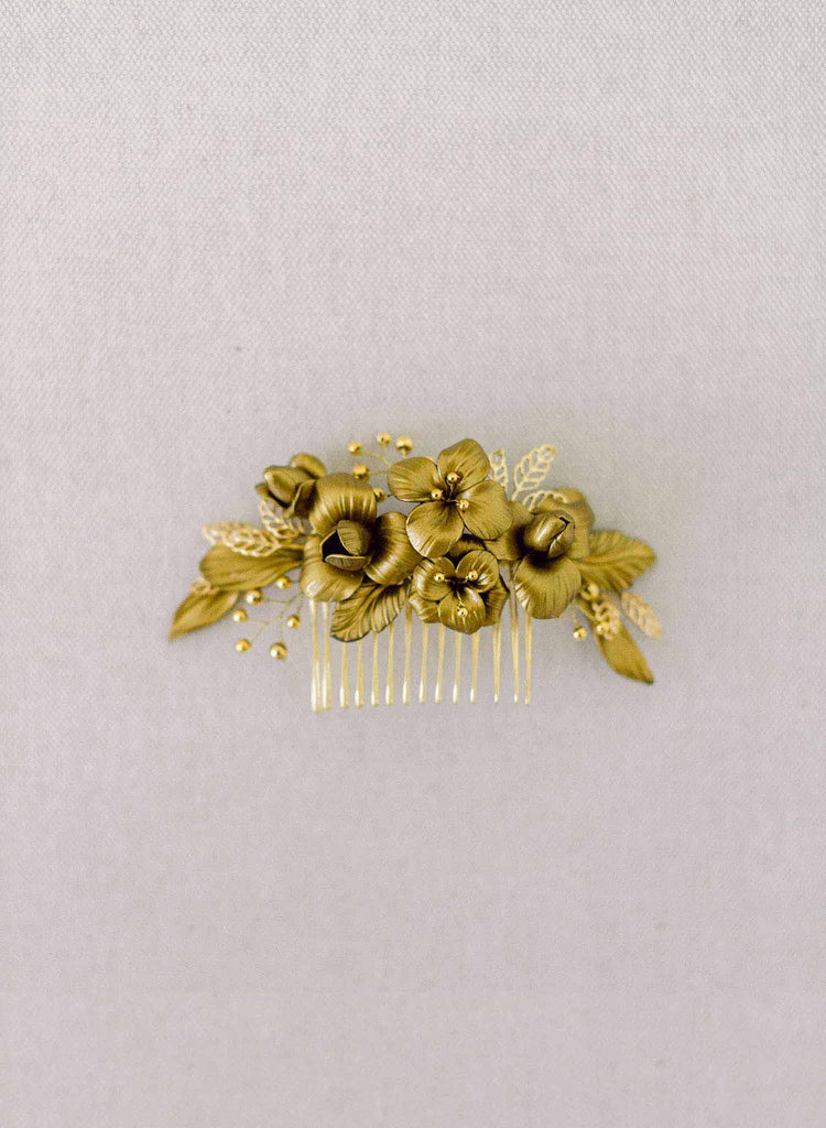 gold flower bridal hair comb by twigs and honey