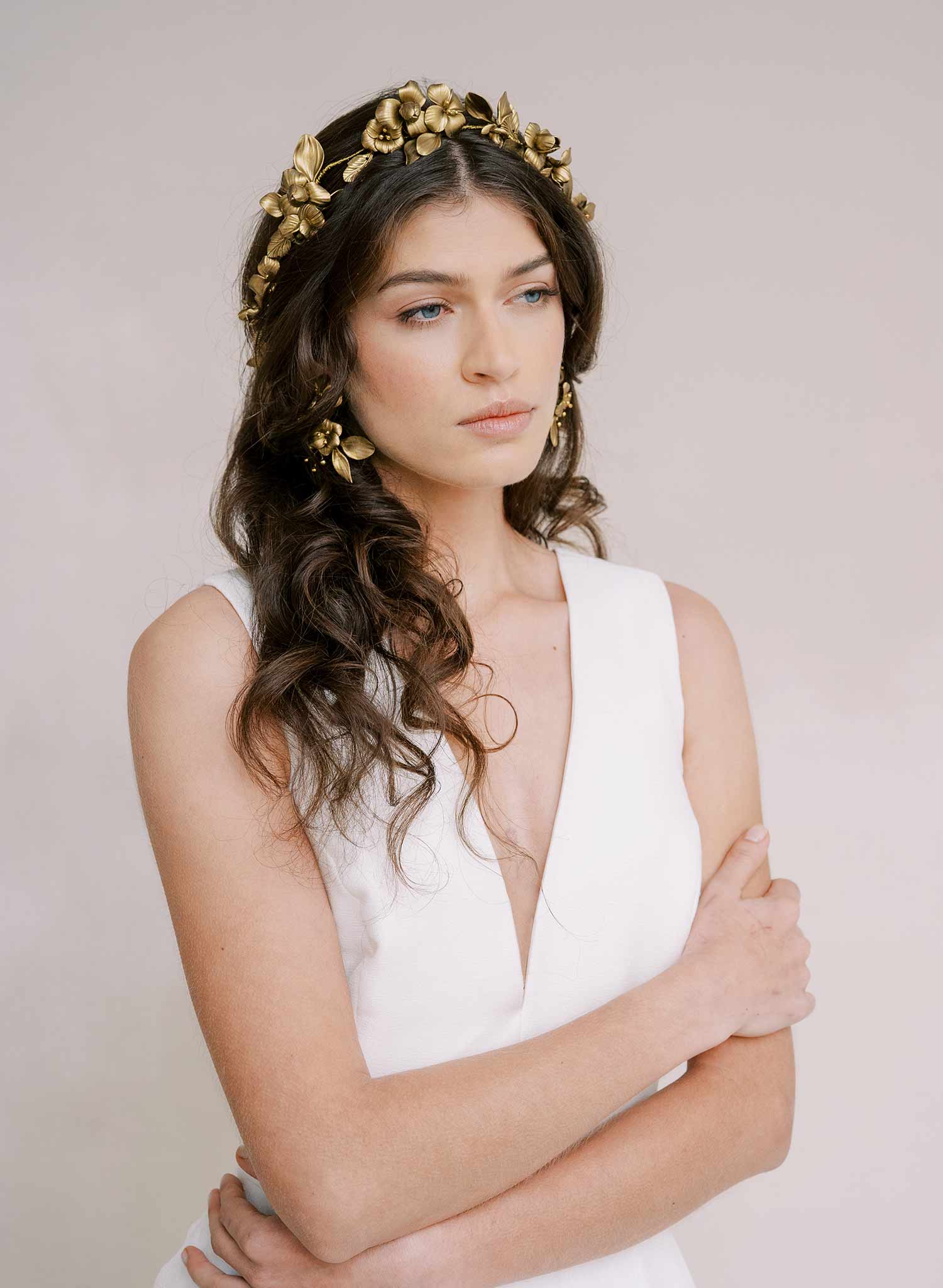 gold handmade flower bridal hair vine by twigs and honey