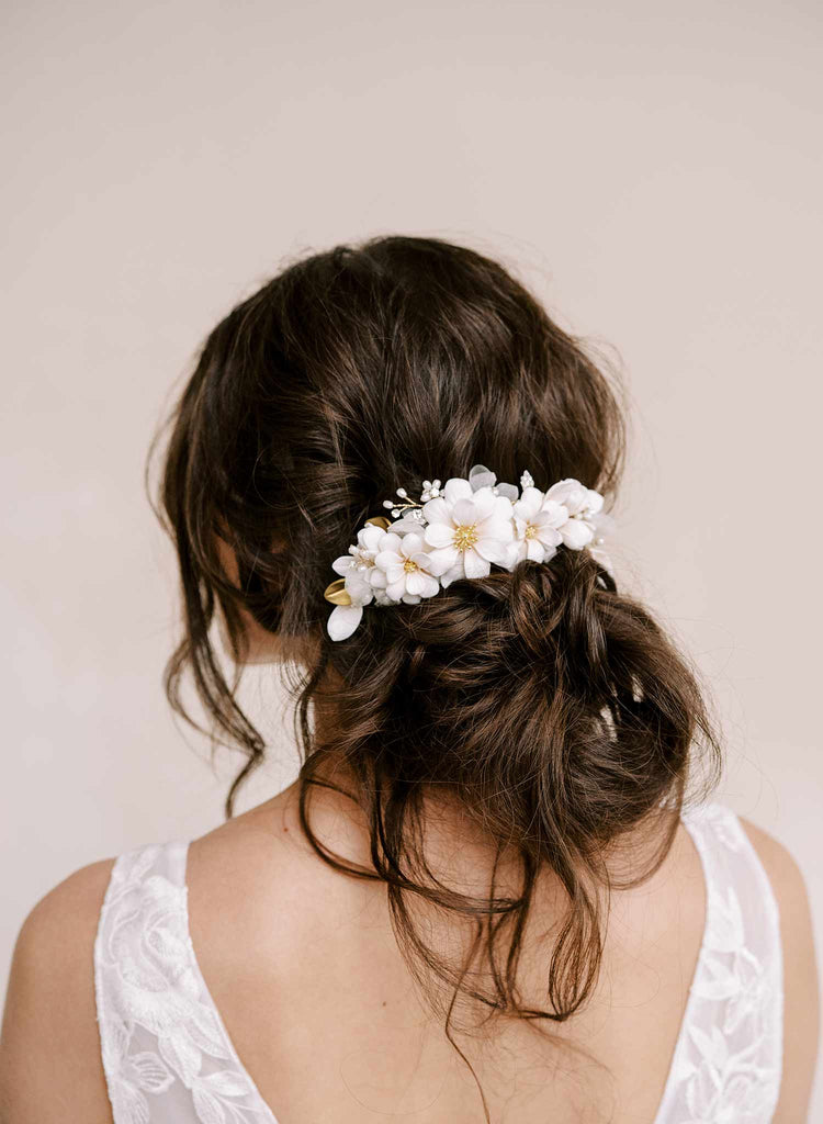 Handmade clay magnolia flower hair comb by twigs and honey