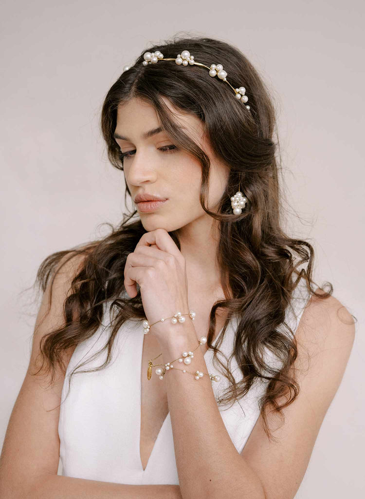 pearl and gold bridal wrap bracelet by twigs and honey