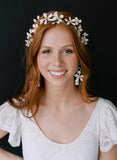 gold and magnolia flower with pearl bridal earrings by twigs and honey