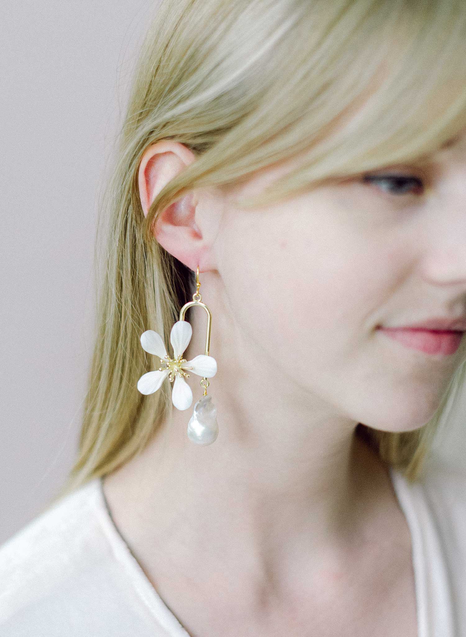 Modern magnolia and pearl drop earrings - Style #2313
