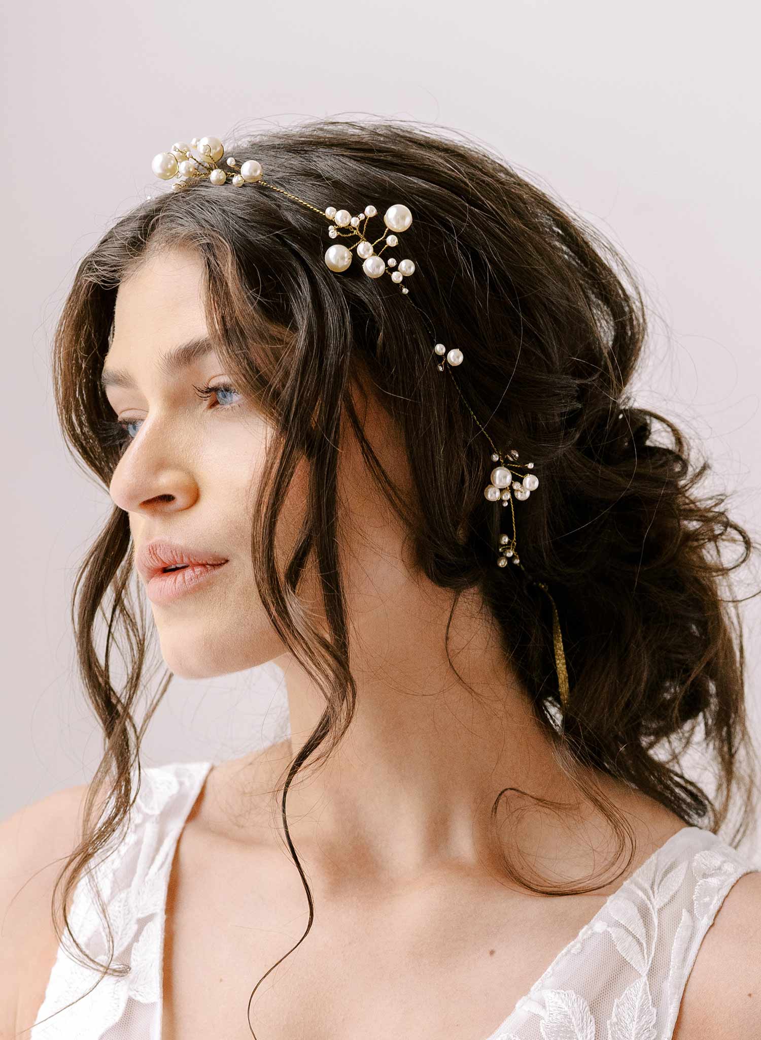 Twigs & Honey Pearl and Bead Bridal Hair Vine - Simple and Dainty Bead and Crystal Hair Vine - Style #901 Silver