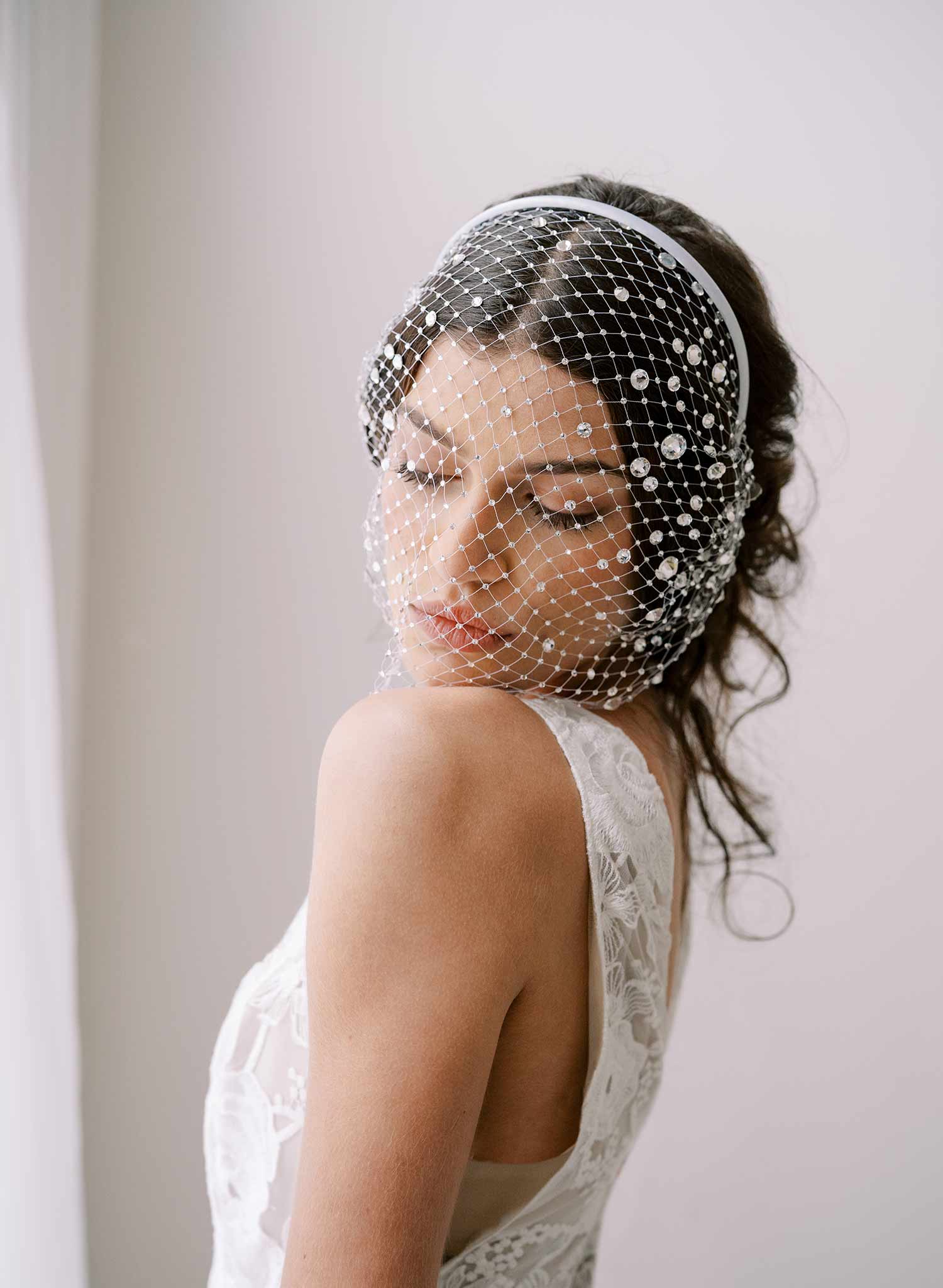 crystal encrusted bridal birdcage veil headband by twigs & honey