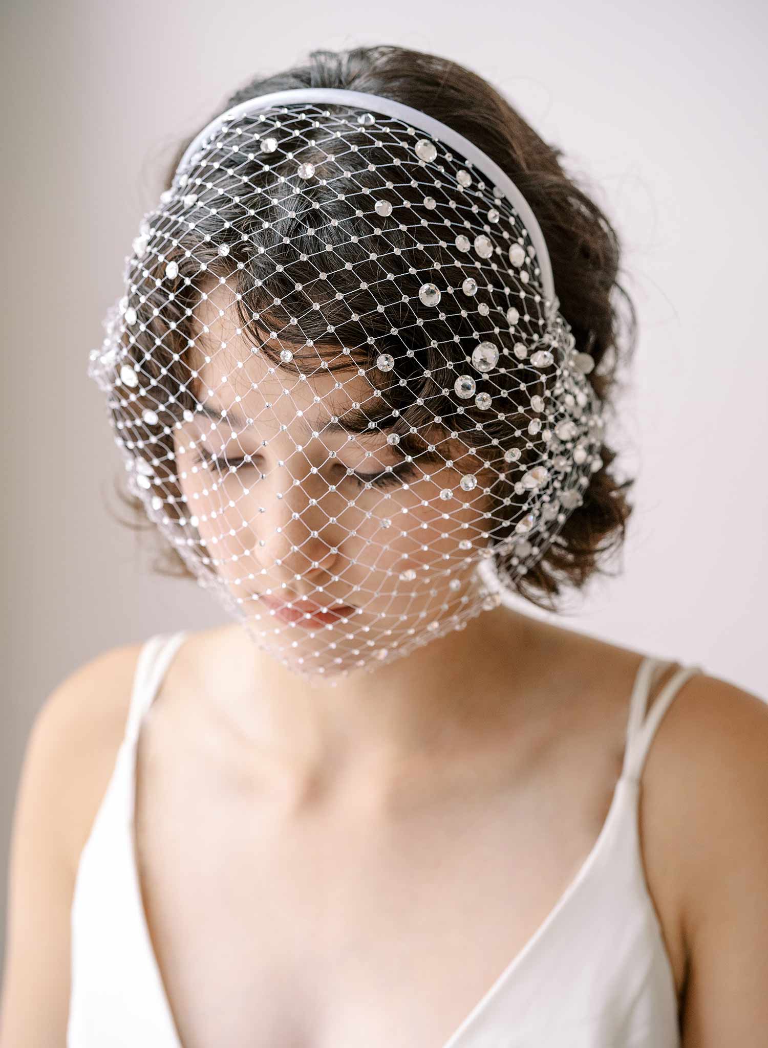 Twigs & Honey Crystal Bridal Birdcage Veil Headband - Ultra Luxe Crystal Bridal Birdcage Headband Veil - Style #2349 White