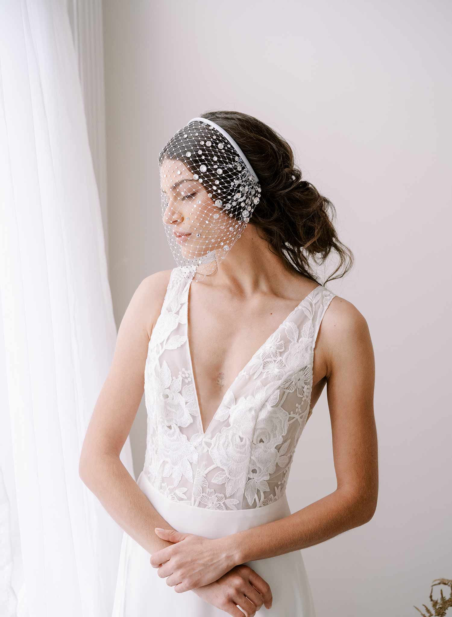 crystal encrusted bridal birdcage veil headband by twigs & honey