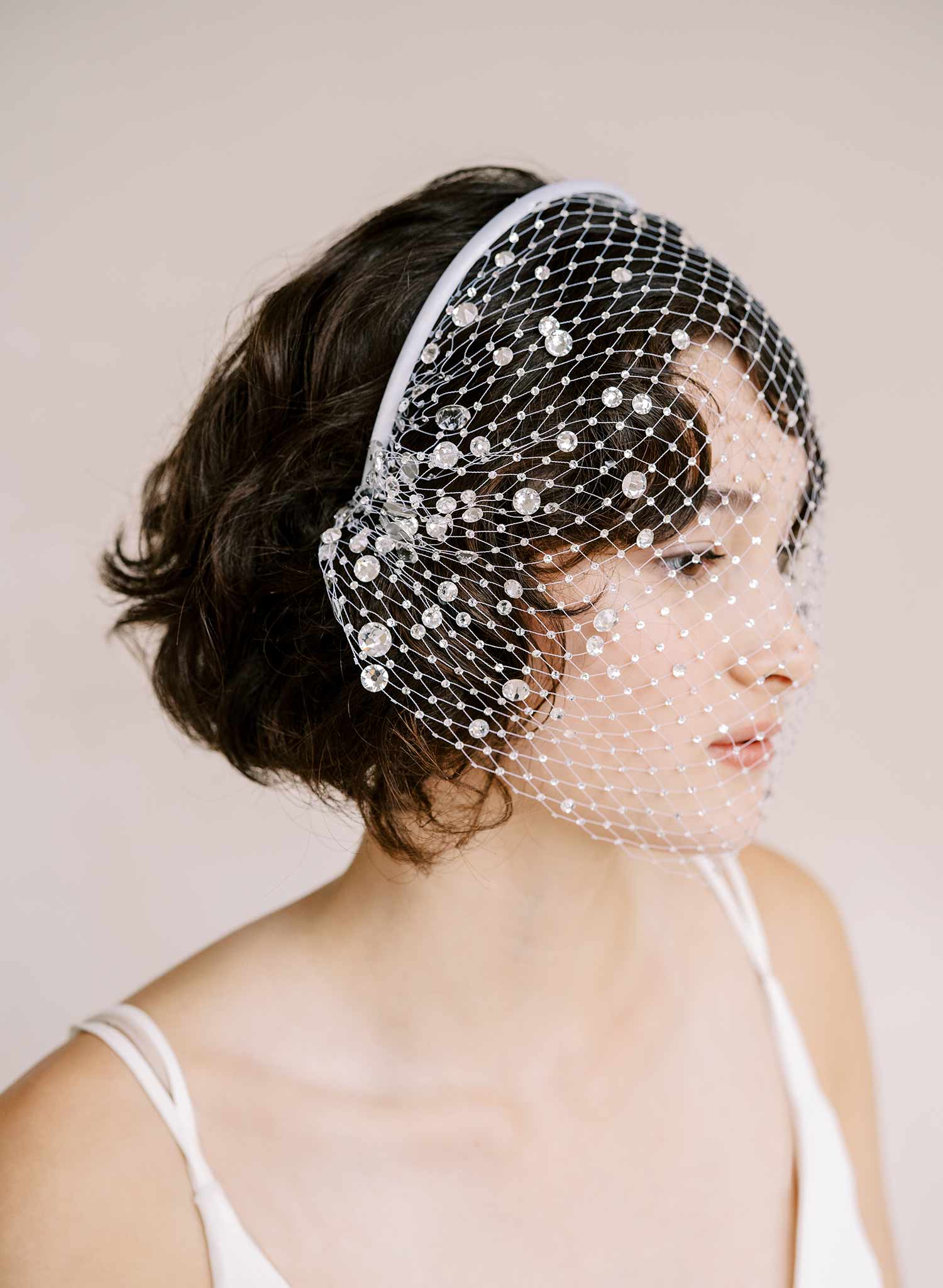 crystal encrusted bridal birdcage veil headband by twigs & honey