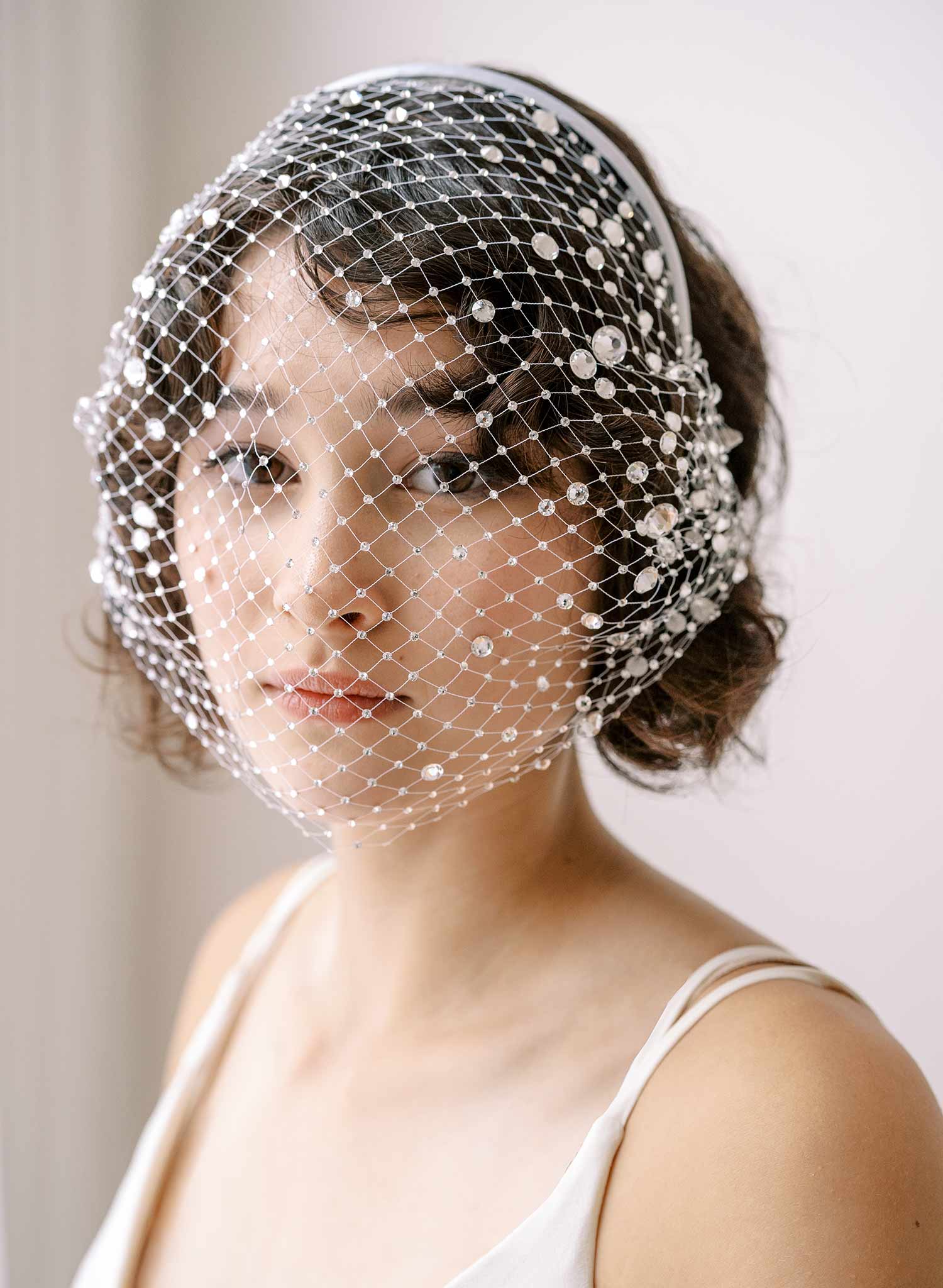 crystal encrusted bridal birdcage veil headband by twigs & honey