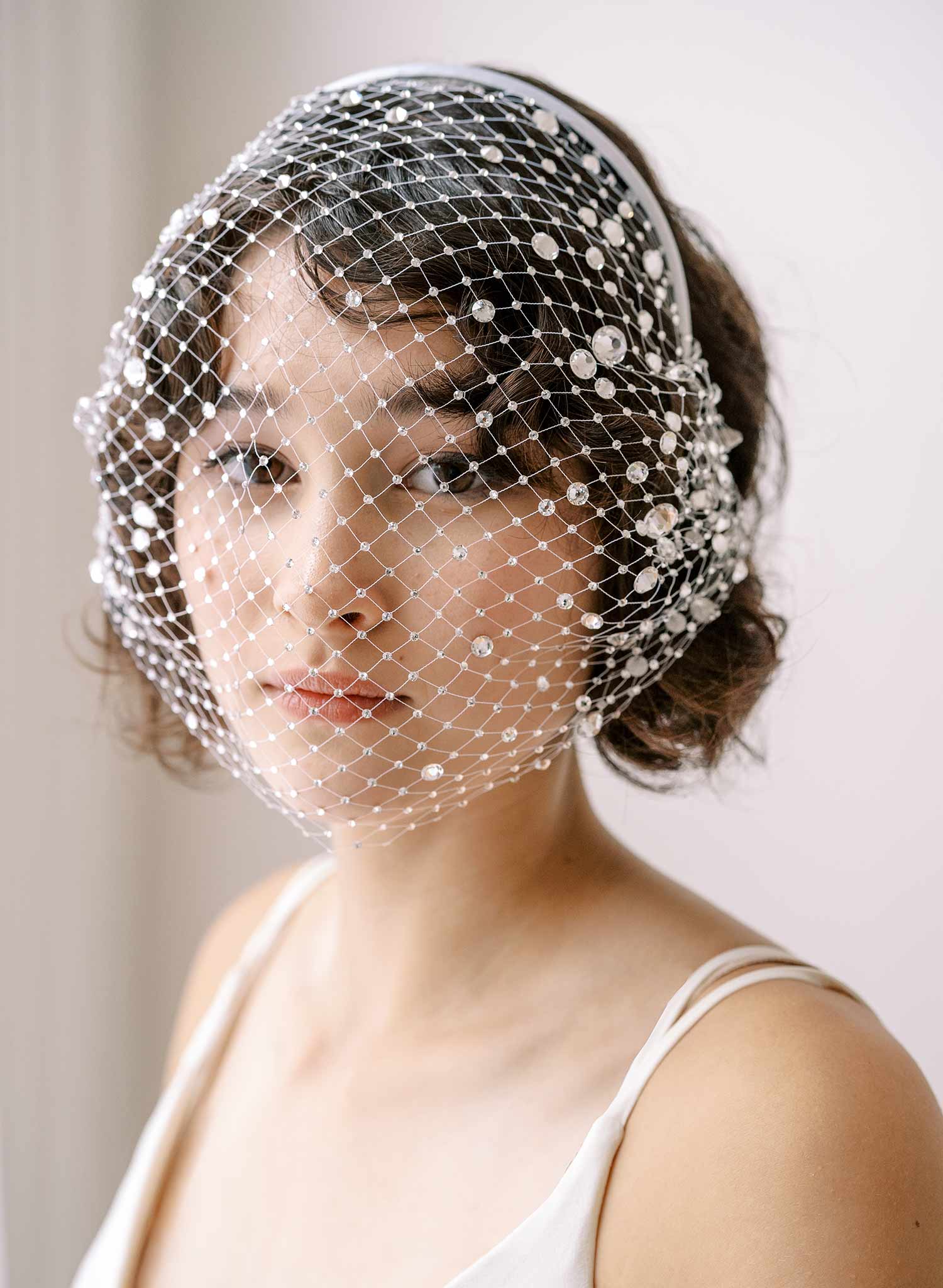 One Blushing Bride Short Birdcage Bridal Veil with Crystals, Chin Length with Comb White / with Scattered Crystals