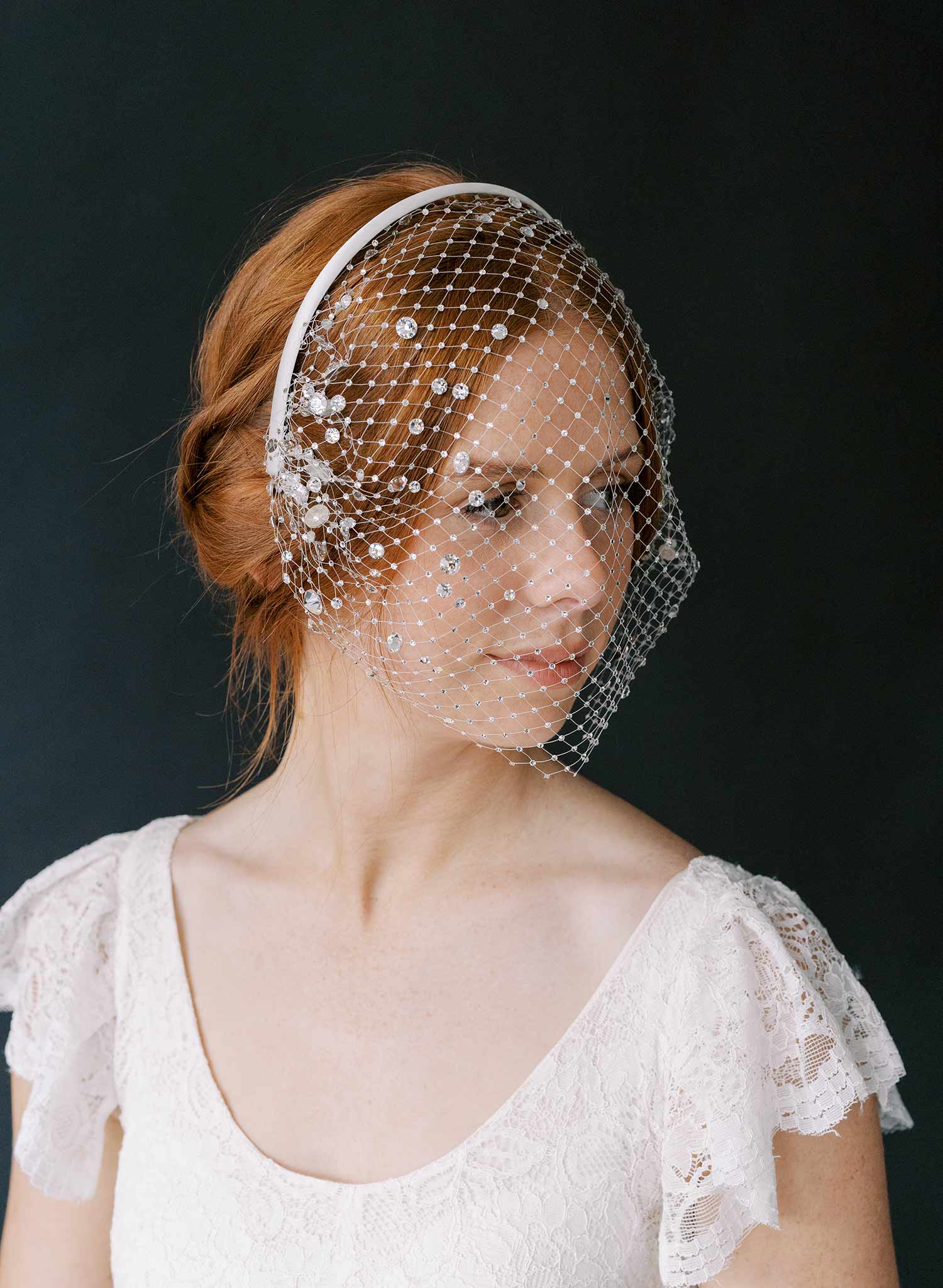 crystal encrusted bridal birdcage veil headband by twigs & honey
