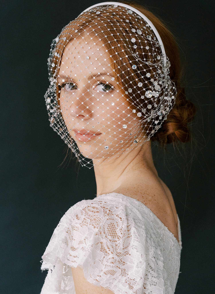 crystal encrusted bridal birdcage veil headband by twigs & honey