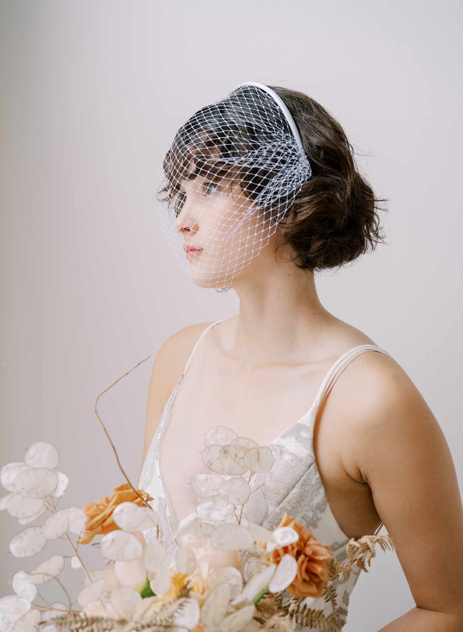 Twigs & Honey Bridal Birdcage Headband Veil, Plain - Style #2350 White