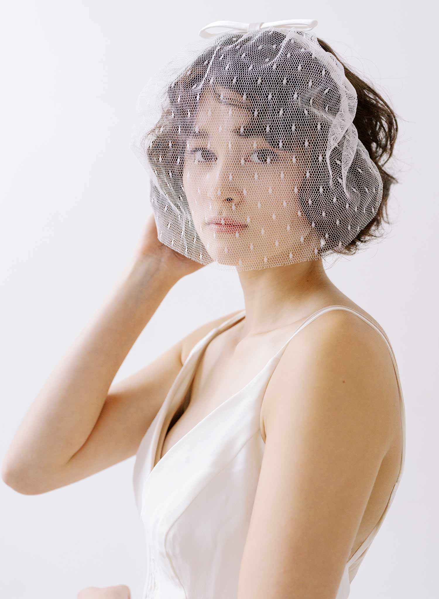 silk bow bridal short headband veil by twigs and honey