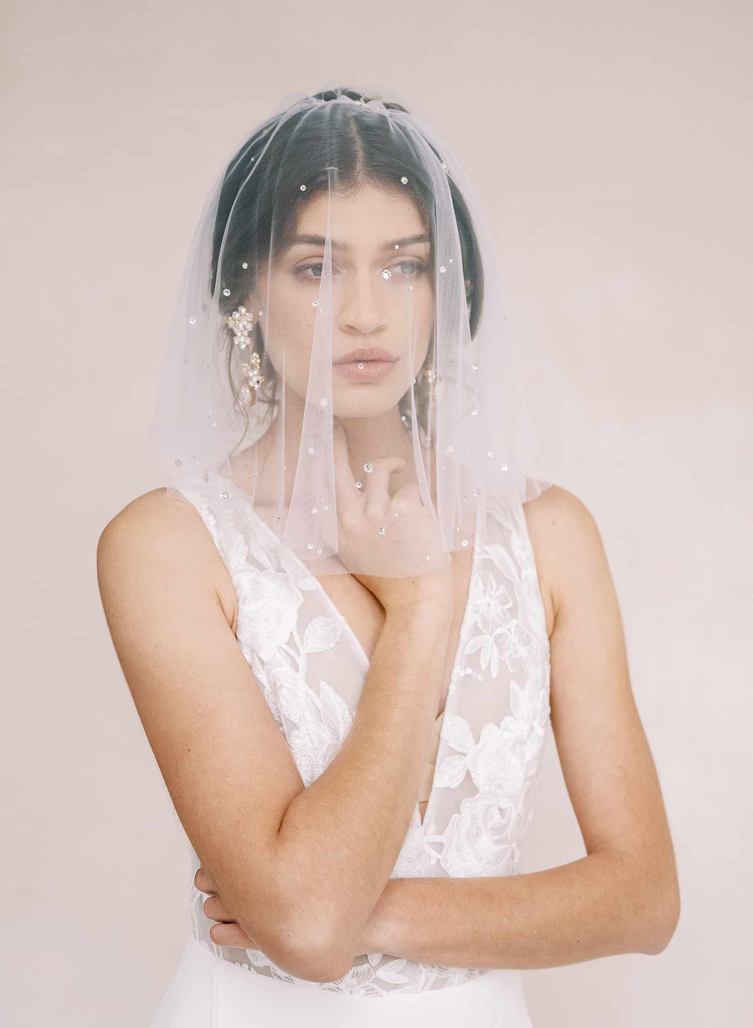crystal embellished short tulle bridal veil by twigs and honey
