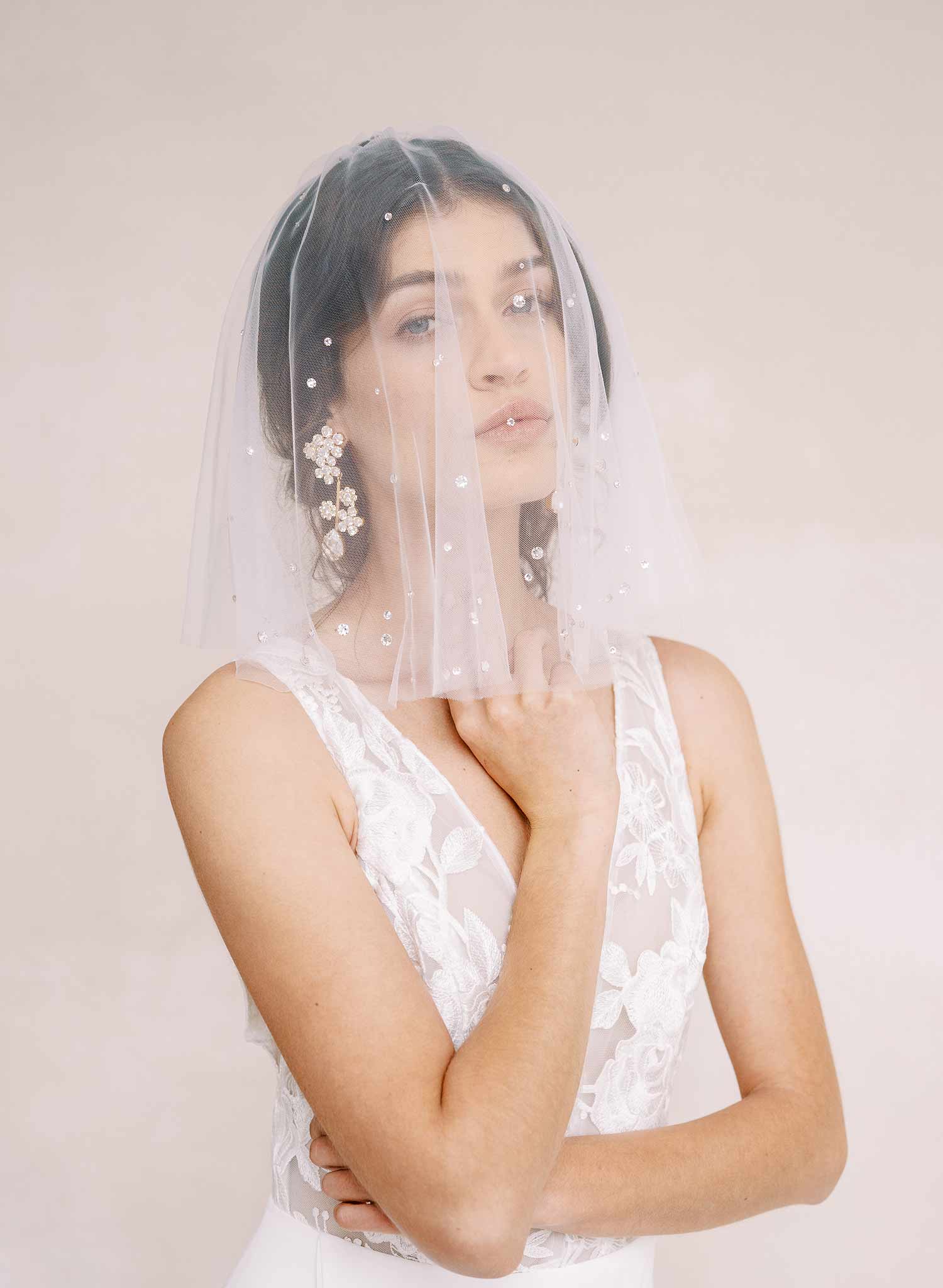 crystal embellished short tulle bridal veil by twigs and honey