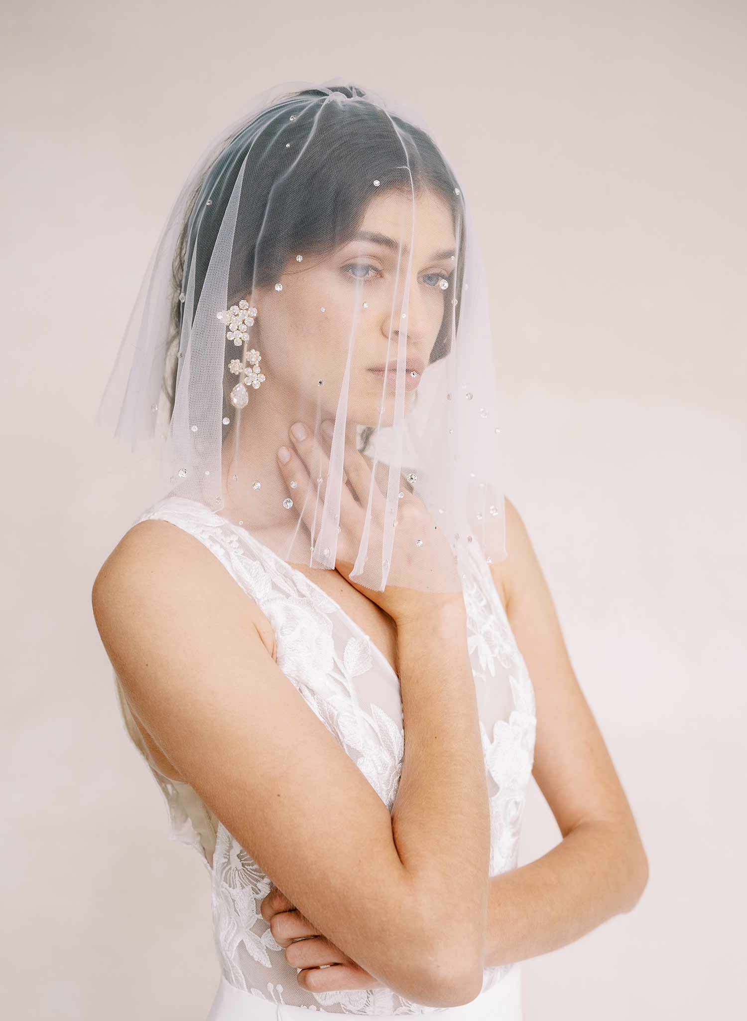 Twigs & Honey Bridal Short Veil with Blusher and Pencil Edge - Merrow Edge Bridal Veil with Blusher - Style #2358