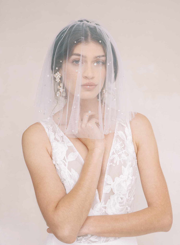crystal embellished short tulle bridal veil by twigs and honey