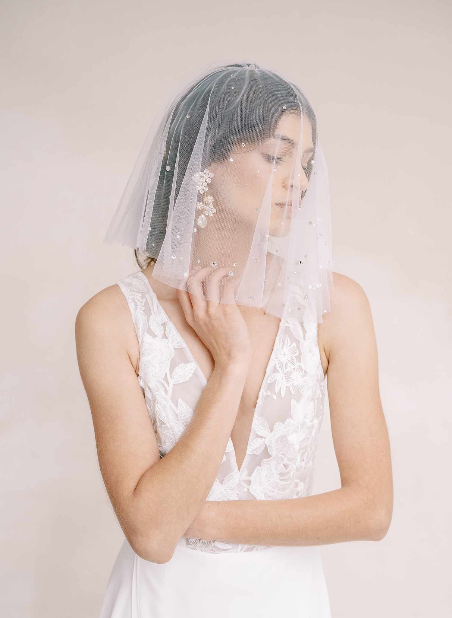 crystal embellished short tulle bridal veil by twigs and honey
