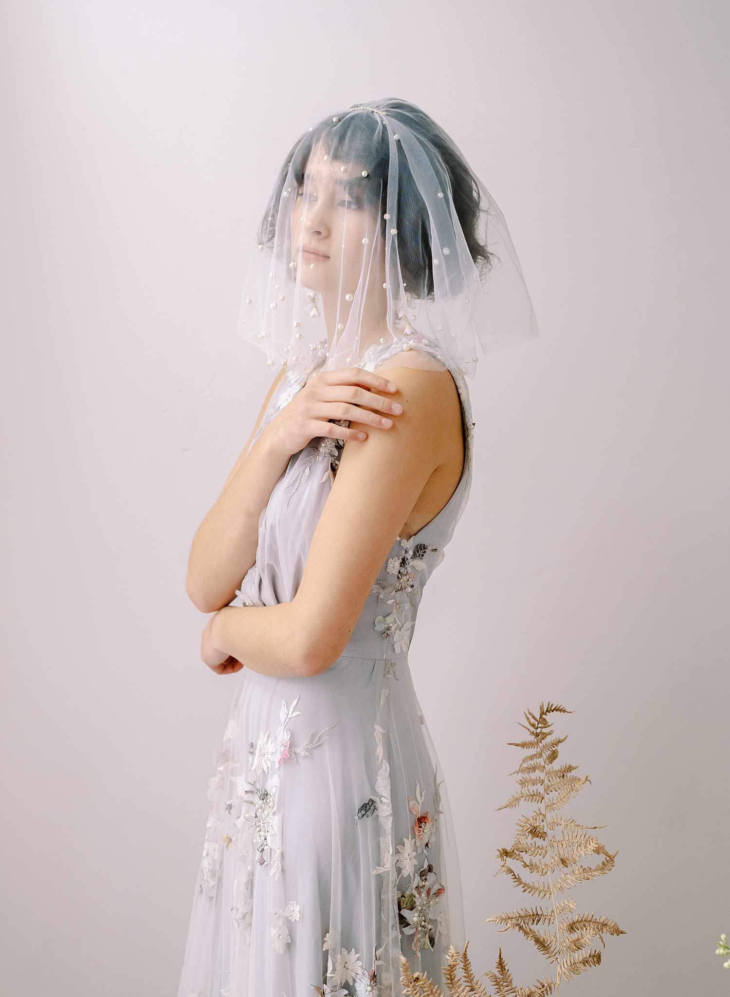 Twigs & Honey Short Bridal Flower Veil with Blusher - Floral Embroidered Short Veil with Blusher - Style #2361