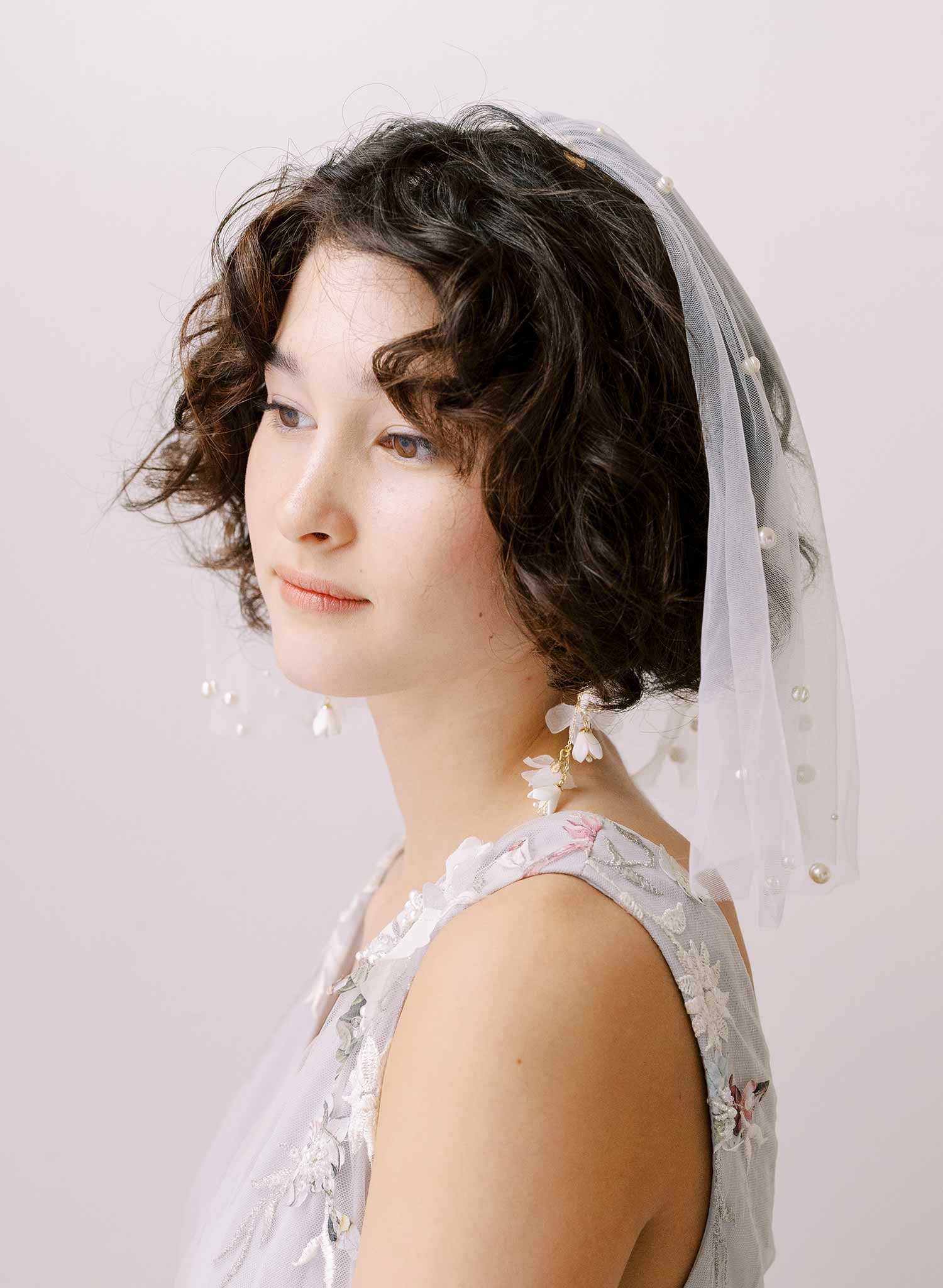 Twigs & Honey Short Bridal Flower Veil with Blusher - Floral Embroidered Short Veil with Blusher - Style #2361